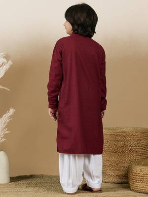 Dapper & dazzling boys solid maroon chikankari party wear cotton kurta set by sanwara 4