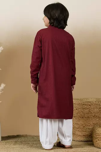 Dapper & dazzling boys solid maroon chikankari party wear cotton kurta set by sanwara