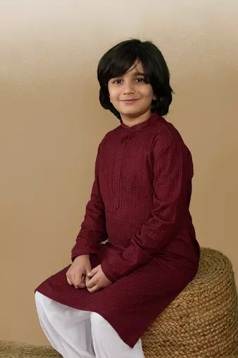 Dapper & dazzling boys solid maroon chikankari party wear cotton kurta set by sanwara