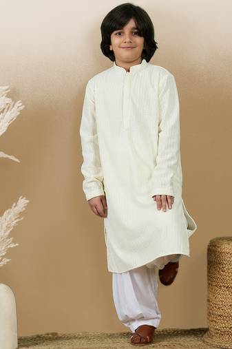 Dapper & dazzling boys solid off white chikankari party wear cotton kurta set by sanwara