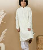 Dapper & dazzling boys solid off white chikankari party wear cotton kurta set by sanwara