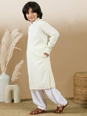 Dapper & dazzling boys solid off white chikankari party wear cotton kurta set by sanwara 2