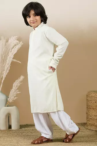 Dapper & dazzling boys solid off white chikankari party wear cotton kurta set by sanwara