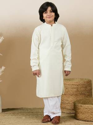 Dapper & dazzling boys solid off white chikankari party wear cotton kurta set by sanwara 3
