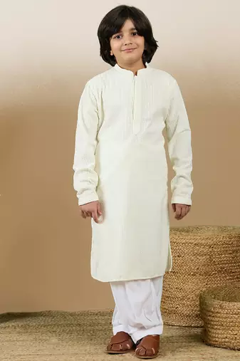 Dapper & dazzling boys solid off white chikankari party wear cotton kurta set by sanwara