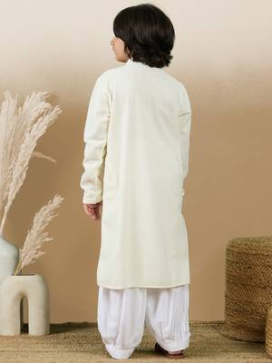 Dapper & dazzling boys solid off white chikankari party wear cotton kurta set by sanwara 4