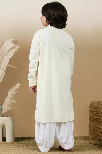Dapper & dazzling boys solid off white chikankari party wear cotton kurta set by sanwara