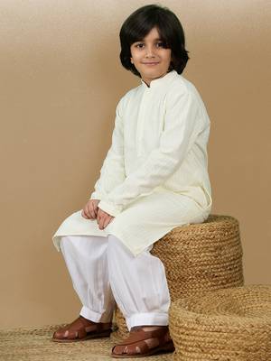 Dapper & dazzling boys solid off white chikankari party wear cotton kurta set by sanwara 5