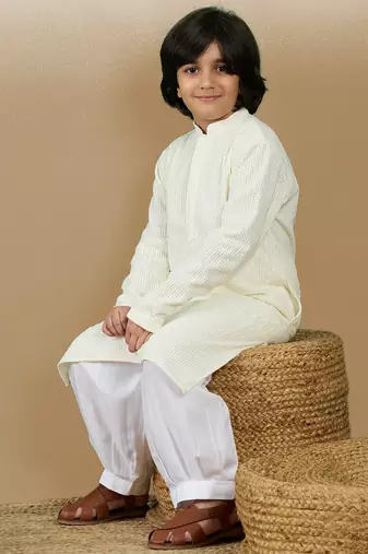 Dapper & dazzling boys solid off white chikankari party wear cotton kurta set by sanwara