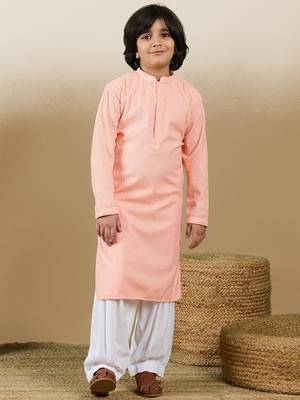 Dapper & dazzling boys solid pink chikankari party wear cotton kurta set by sanwara 1