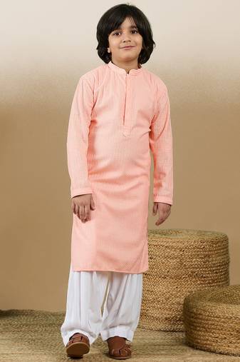 Dapper & dazzling boys solid pink chikankari party wear cotton kurta set by sanwara