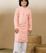 Dapper & dazzling boys solid pink chikankari party wear cotton kurta set by sanwara
