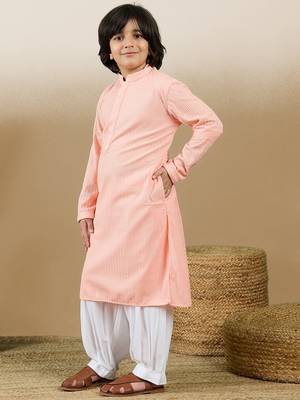 Dapper & dazzling boys solid pink chikankari party wear cotton kurta set by sanwara 2