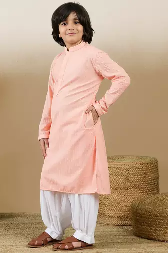 Dapper & dazzling boys solid pink chikankari party wear cotton kurta set by sanwara