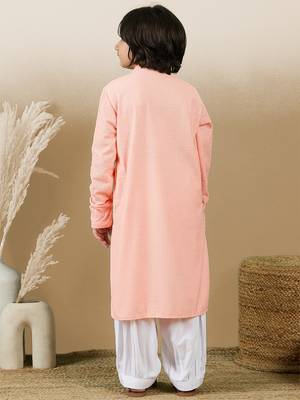 Dapper & dazzling boys solid pink chikankari party wear cotton kurta set by sanwara 4