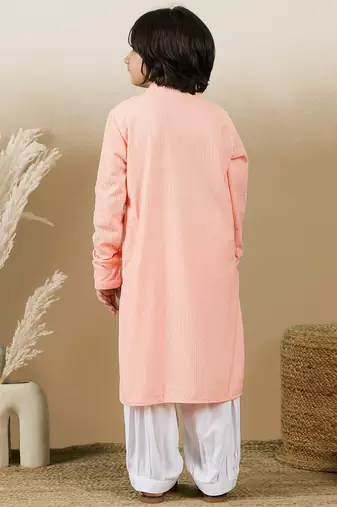 Dapper & dazzling boys solid pink chikankari party wear cotton kurta set by sanwara