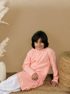 Dapper & dazzling boys solid pink chikankari party wear cotton kurta set by sanwara 5