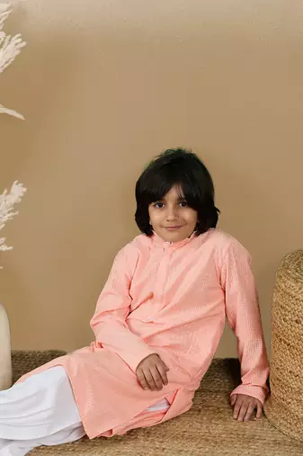 Dapper & dazzling boys solid pink chikankari party wear cotton kurta set by sanwara
