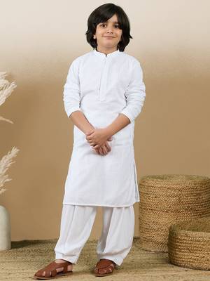 Dapper & dazzling boys solid white chikankari party wear cotton kurta set by sanwara 1