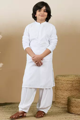 Dapper & dazzling boys solid white chikankari party wear cotton kurta set by sanwara