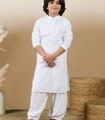 Dapper & dazzling boys solid white chikankari party wear cotton kurta set by sanwara