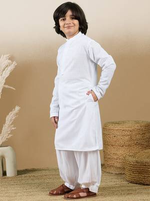 Dapper & dazzling boys solid white chikankari party wear cotton kurta set by sanwara 2