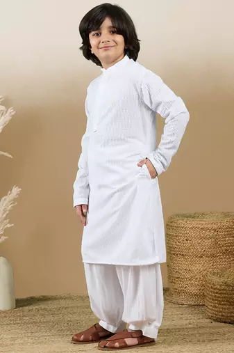 Dapper & dazzling boys solid white chikankari party wear cotton kurta set by sanwara