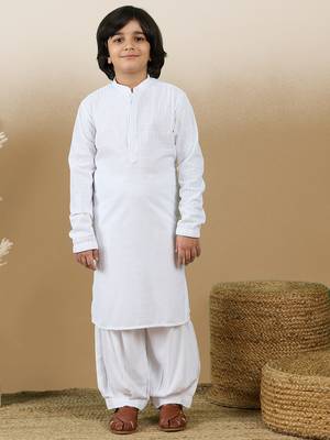 Dapper & dazzling boys solid white chikankari party wear cotton kurta set by sanwara 3