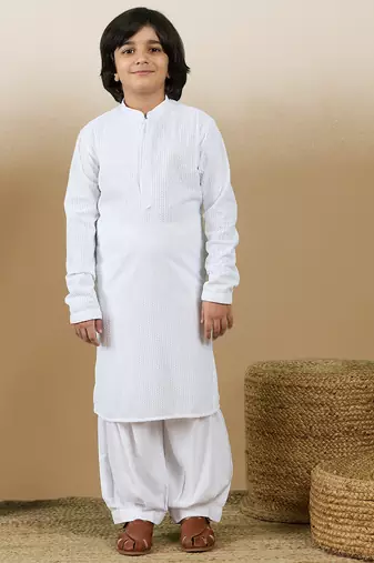 Dapper & dazzling boys solid white chikankari party wear cotton kurta set by sanwara