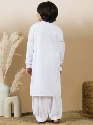 Dapper & dazzling boys solid white chikankari party wear cotton kurta set by sanwara 4