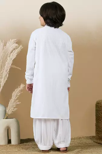 Dapper & dazzling boys solid white chikankari party wear cotton kurta set by sanwara