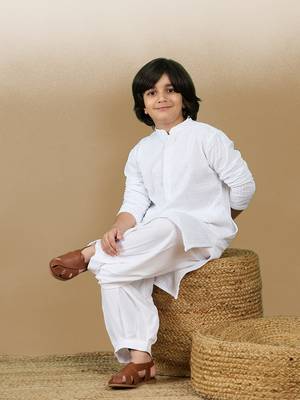 Dapper & dazzling boys solid white chikankari party wear cotton kurta set by sanwara 5