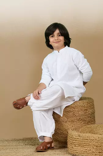 Dapper & dazzling boys solid white chikankari party wear cotton kurta set by sanwara