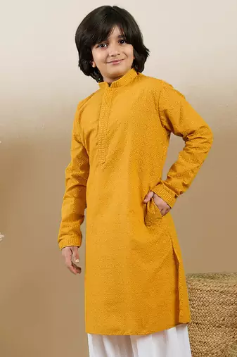 Unleash your style with boys mustard chikankari cotton kurta by sanwara