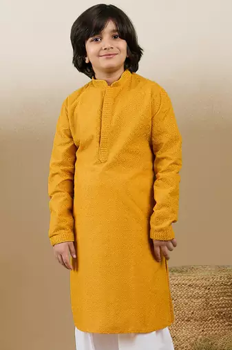 Unleash your style with boys mustard chikankari cotton kurta by sanwara