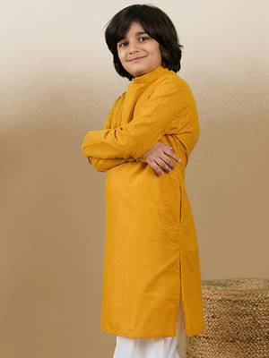 Unleash your style with boys mustard chikankari cotton kurta by sanwara 3