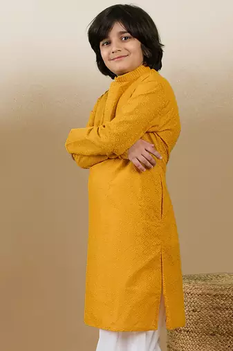 Unleash your style with boys mustard chikankari cotton kurta by sanwara