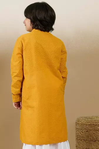 Unleash your style with boys mustard chikankari cotton kurta by sanwara