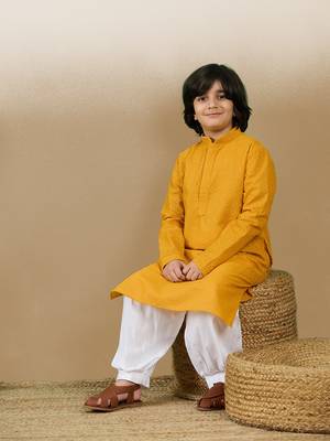 Unleash your style with boys mustard chikankari cotton kurta by sanwara 5