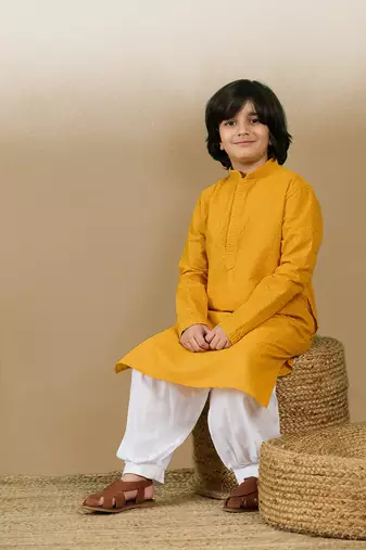 Unleash your style with boys mustard chikankari cotton kurta by sanwara