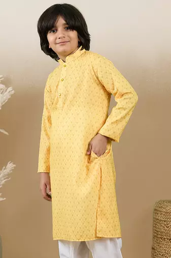 Chic & classic boys printed light yellow cotton kurta by sanwara