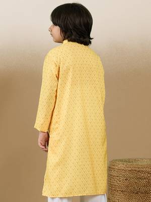 Chic & classic boys printed light yellow cotton kurta by sanwara 3