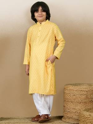 Chic & classic boys printed light yellow cotton kurta by sanwara 4