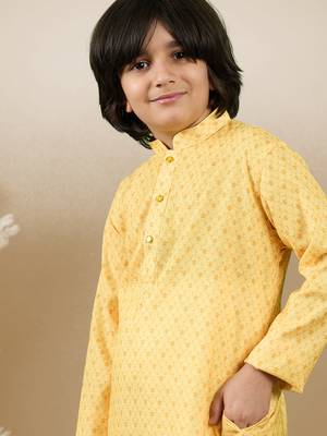Chic & classic boys printed light yellow cotton kurta by sanwara 5