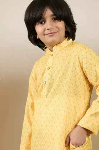 Chic & classic boys printed light yellow cotton kurta by sanwara