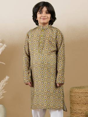Chic & classic boys printed mustard cotton kurta by sanwara 2