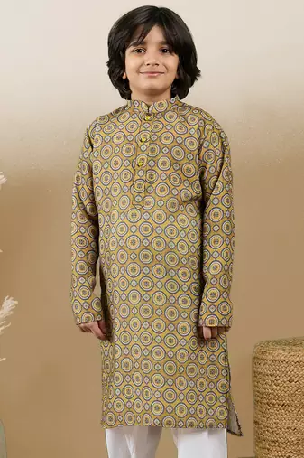 Chic & classic boys printed mustard cotton kurta by sanwara