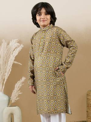 Chic & classic boys printed mustard cotton kurta by sanwara 3