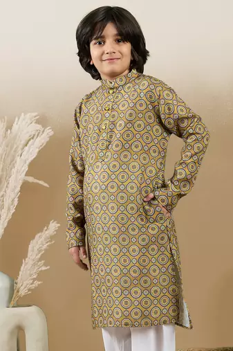 Chic & classic boys printed mustard cotton kurta by sanwara