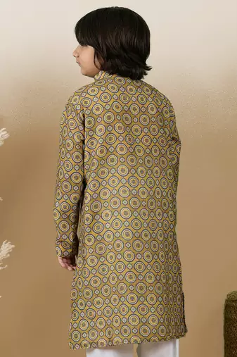 Chic & classic boys printed mustard cotton kurta by sanwara